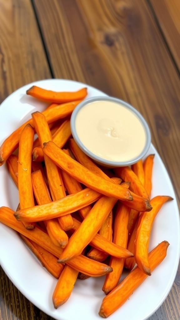 Crispy sweet potato fries on a plate with dipping sauce, served on a rustic wooden table.